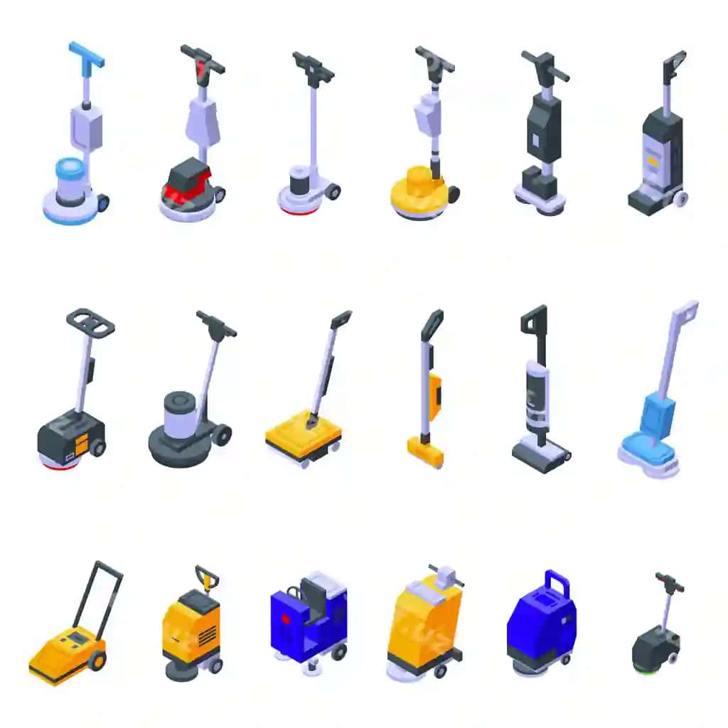 Polirash mashinasi ikonlar komplekti izometrik vektor tozalash xodimlari | Floor washing machine icons set isometric vector cleaning staff