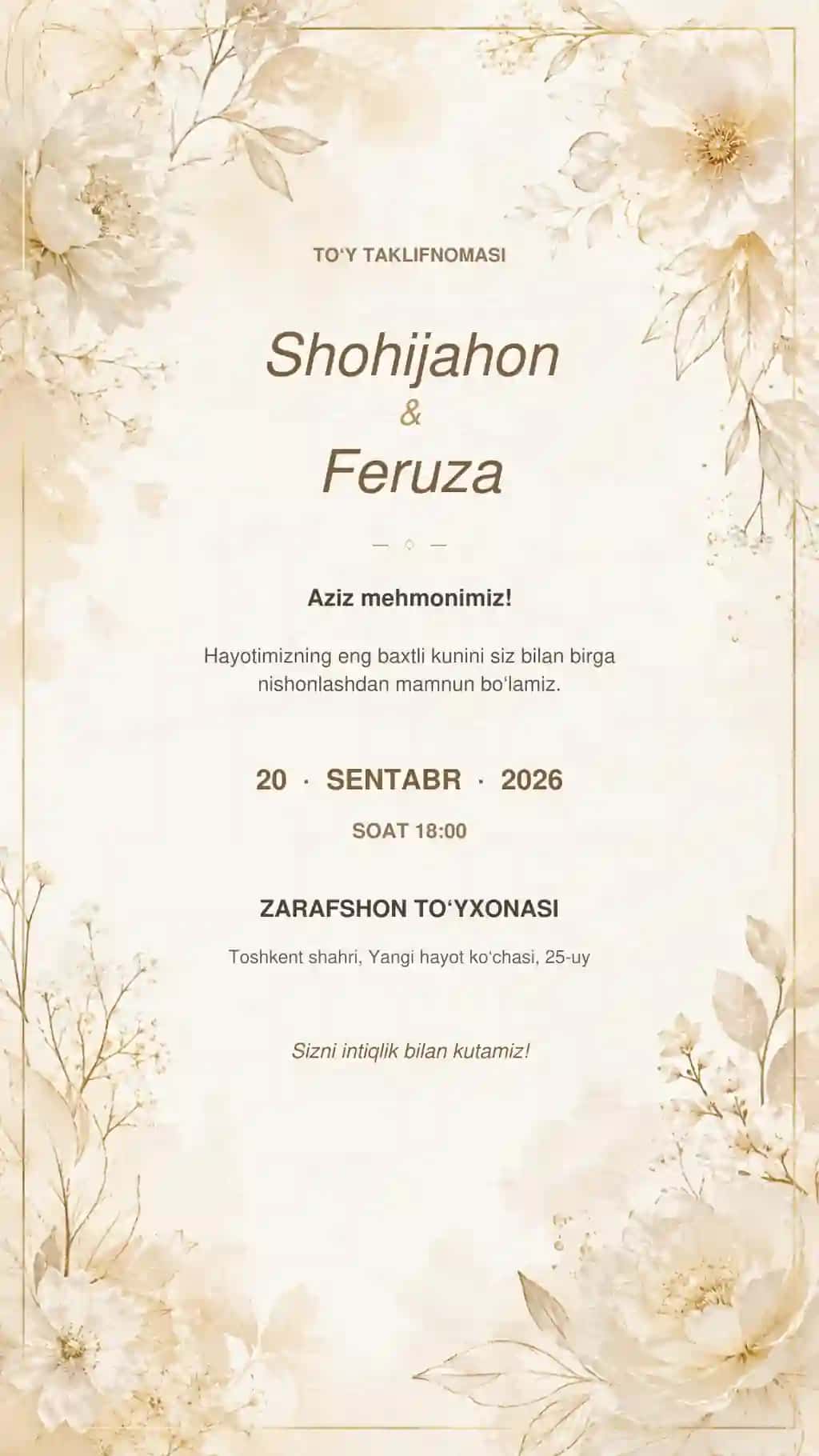 Zamonaviy elektron to‘y taklifnomasi | Telefon va Telegram uchun | PPTX + JPG + PNG