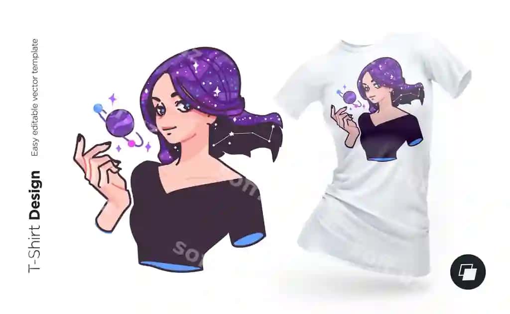 Illustration yoqimli o'smir qiz yulduzlar sayyoralar bilan uning soch galaxy insoniylashtirish | Illustration cute teen girl with stars planets her hair galaxy humanization