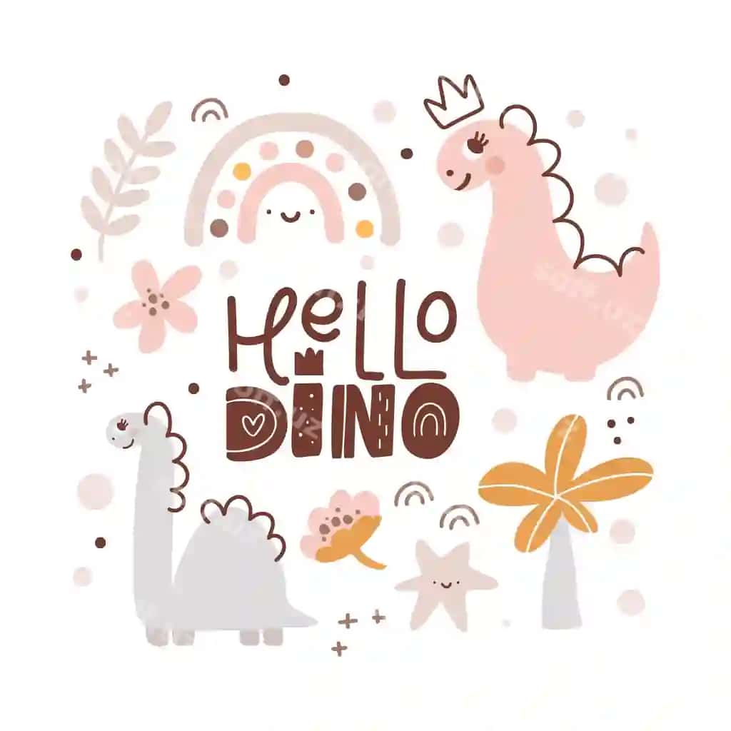 Chiroyli vektorli bolalar tabriknomasi dinozavr va toj matni bilan | Cute vector kids greeting card with dinosaur with crown baby text