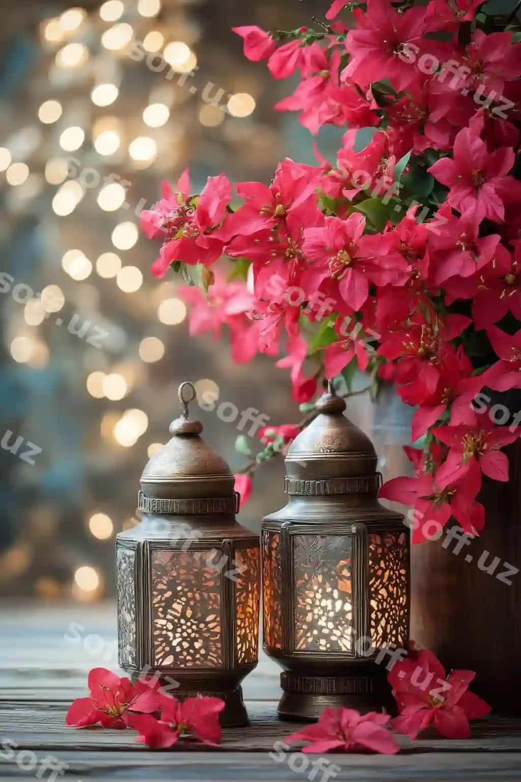 Chiroyli fonarlar jangviy buvaylliq gullar atrofida qulay kechki sohib | Elegant lanterns surrounded by vibrant bougainvillea flowers cozy evening setting