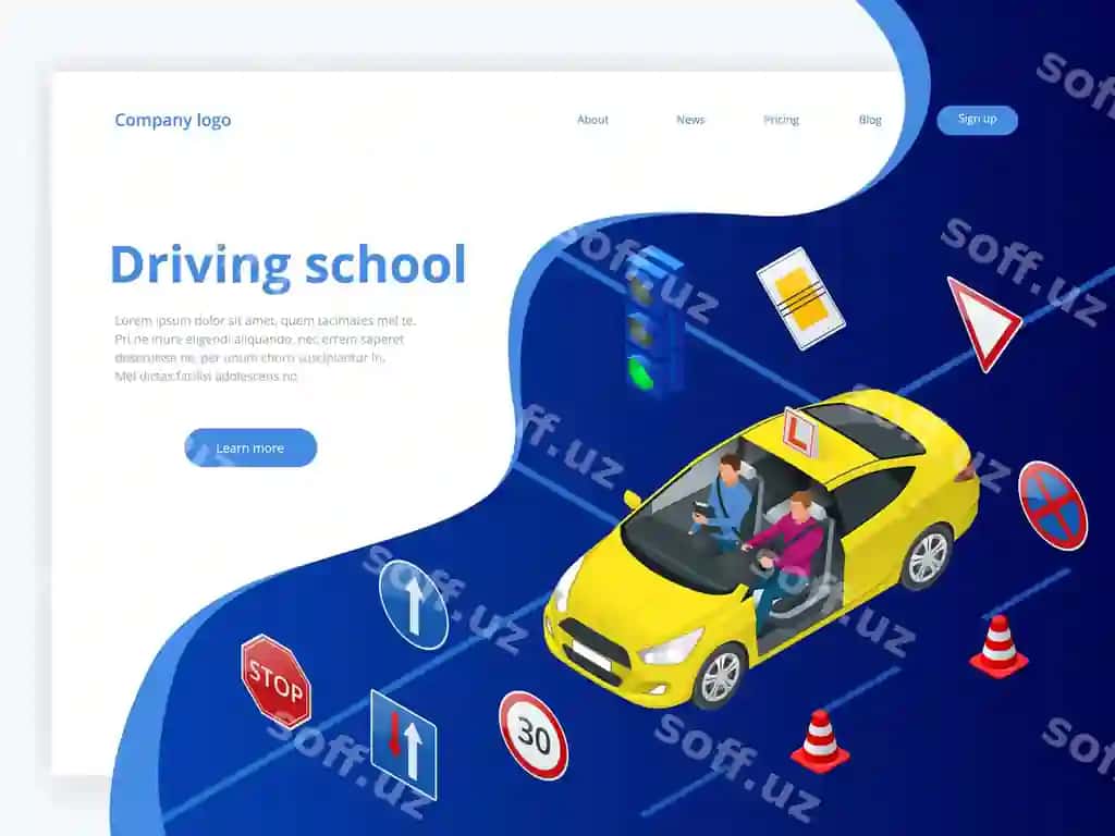 Dizayn kontseptsiyasi haydovchilik maktabi uchun o'rganish haydovchilik tekkan izometric illustratsiyasi | Design concept driving school learning drive flat isometric illustration