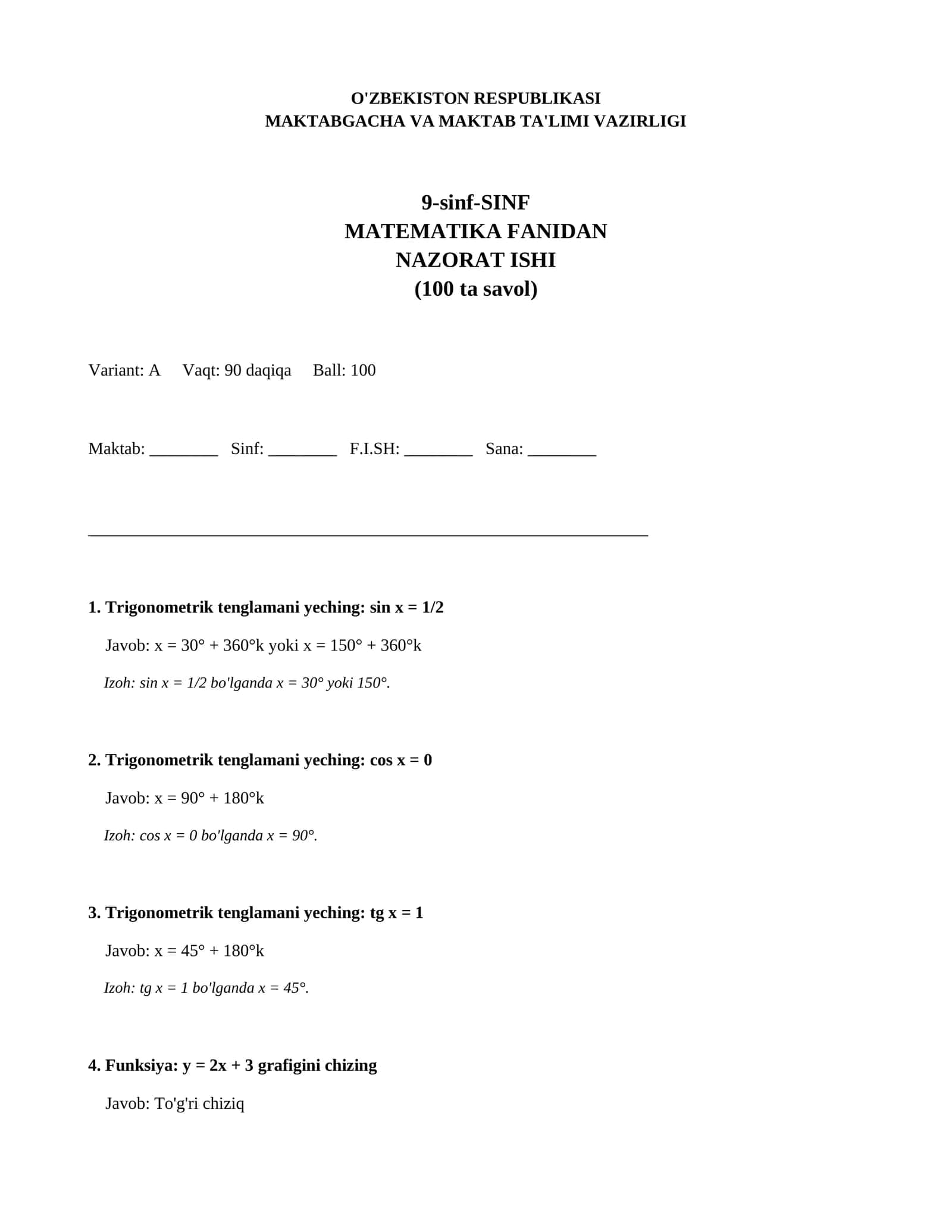 9-sinf-SINF MATEMATIKA FANIDAN NAZORAT ISHI