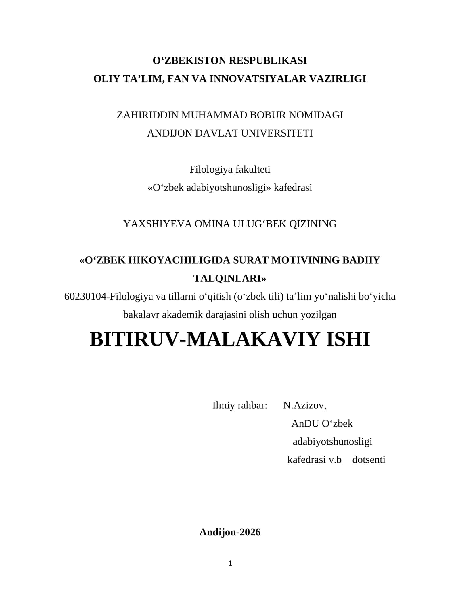 O‘ZBEK HIKOYACHILIGIDA SURAT MOTIVINING BADIIY TALQINLARI