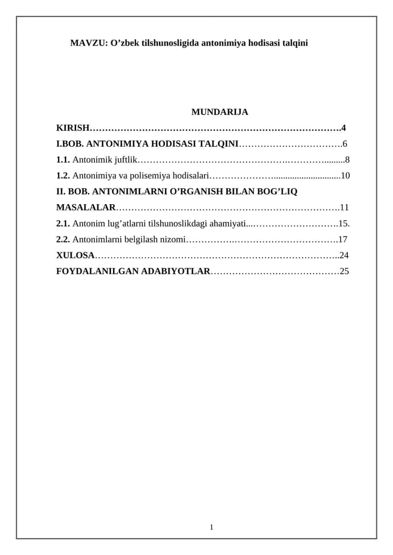 O’zbek tilshunosligida antonimiya hodisasi talqini