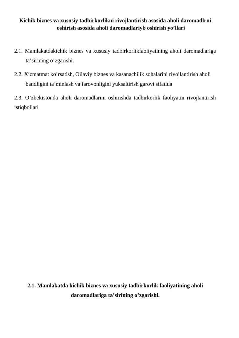 Kichik biznes va xususiy tadbirkorlik faoliyati