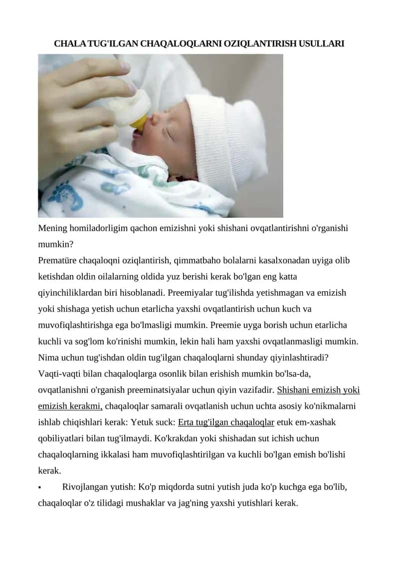 CHALA TUG'ILGAN CHAQALOQLARNI OZIQLANTIRISH USULLARI