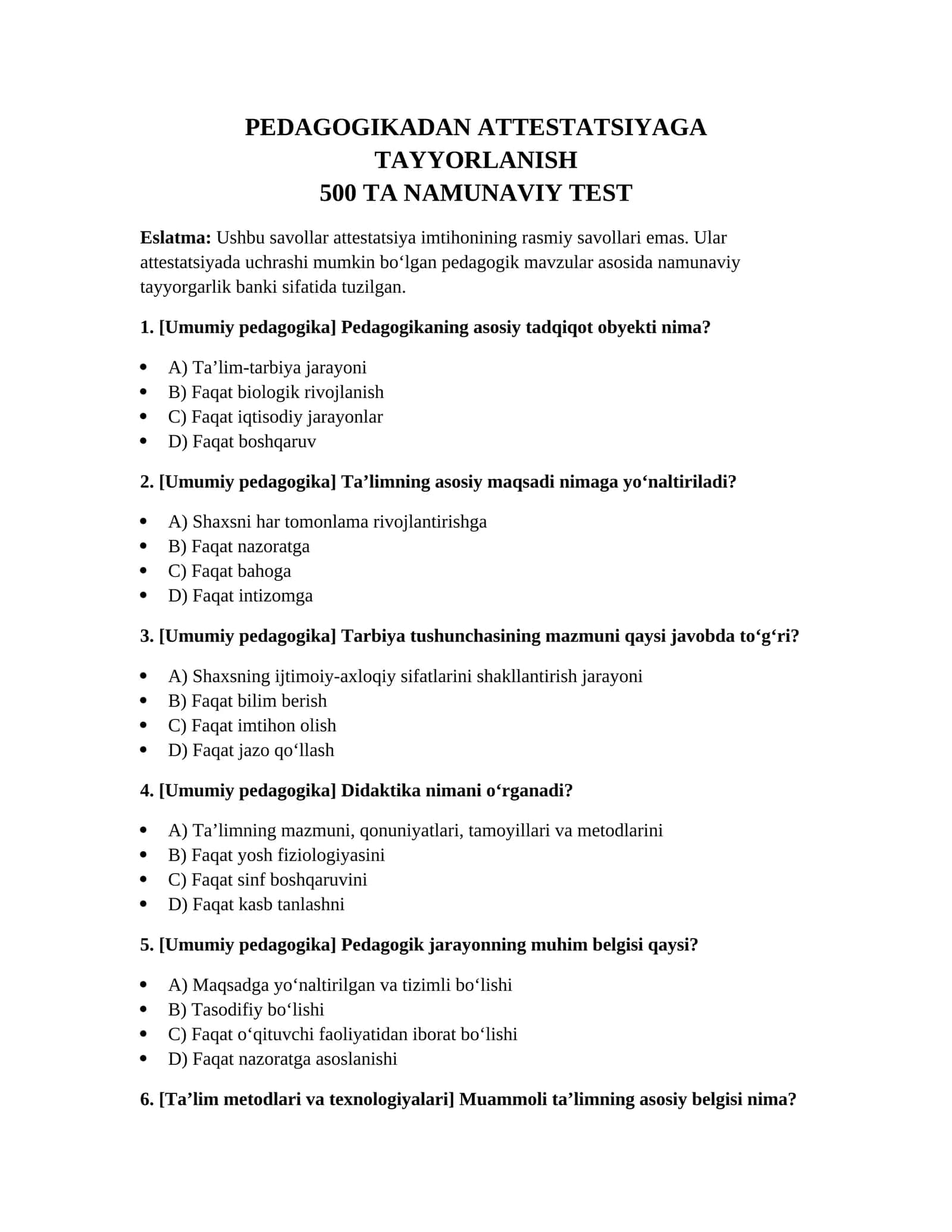 PEDAGOGIKADAN ATTESTATSIYAGA TAYYORLANISH 500 TA NAMUNAVIY TEST