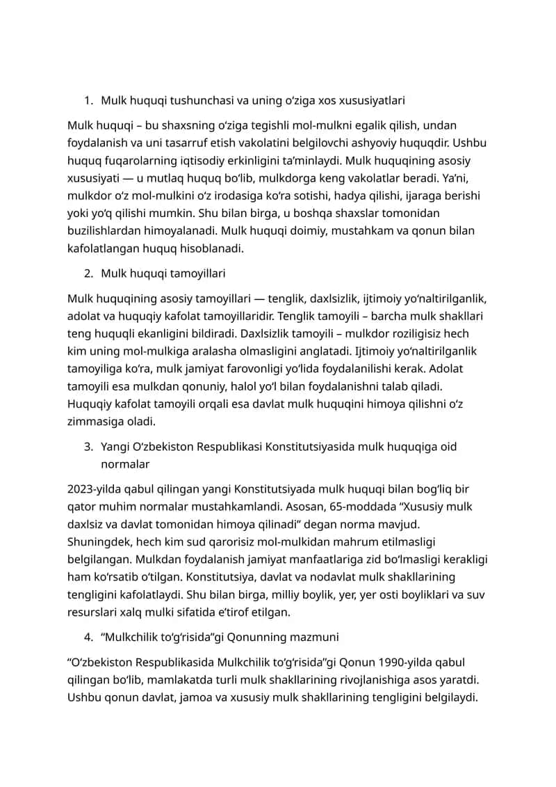 Mulk huquqi tushunchasi va uning o‘ziga xos xususiyatlari