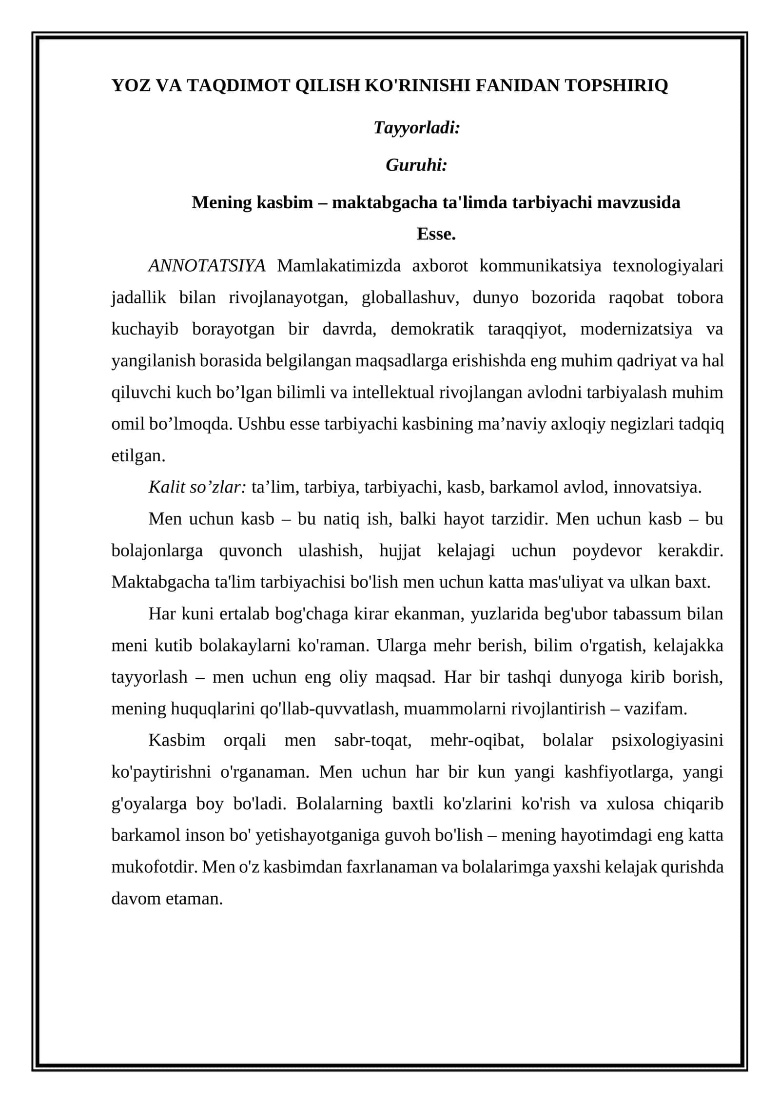 YOZ VA TAQDIMOT QILISH KO'RINISHI FANIDAN TOPSHIRIQ