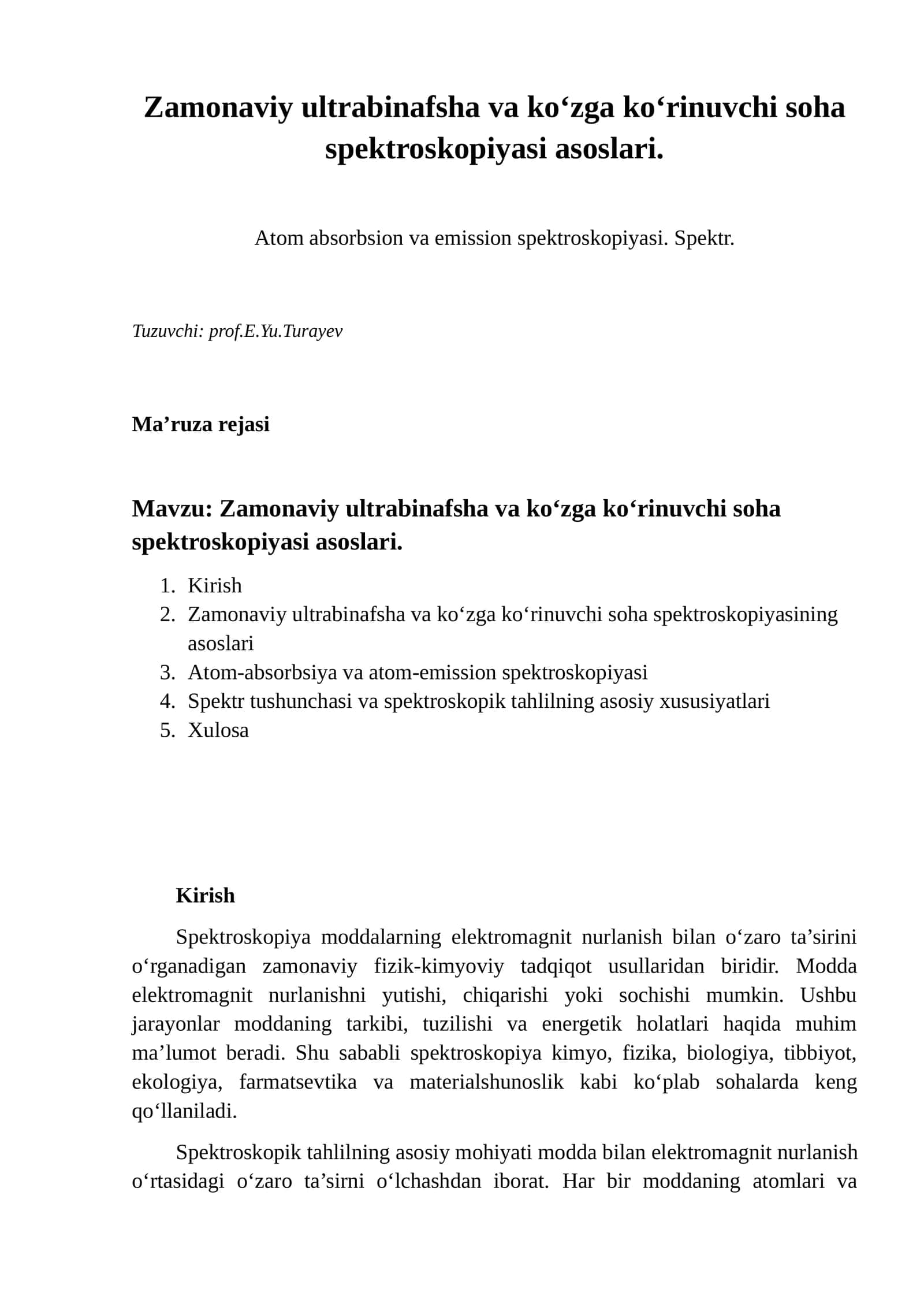 Zamonaviy ultrabinafsha va ko‘zga ko‘rinuvchi soha spektroskopiyasi asoslari