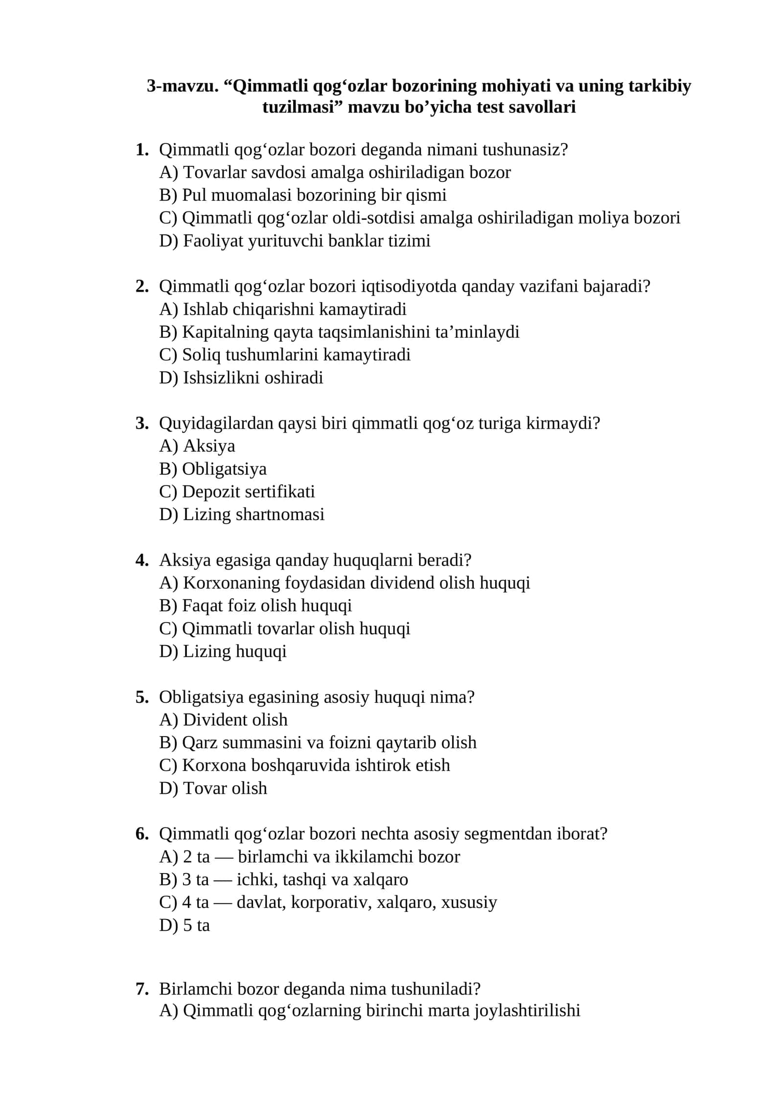 Qimmatli qog'ozlar bozorining mohiyati va uning tarkibiy tuzilmasi