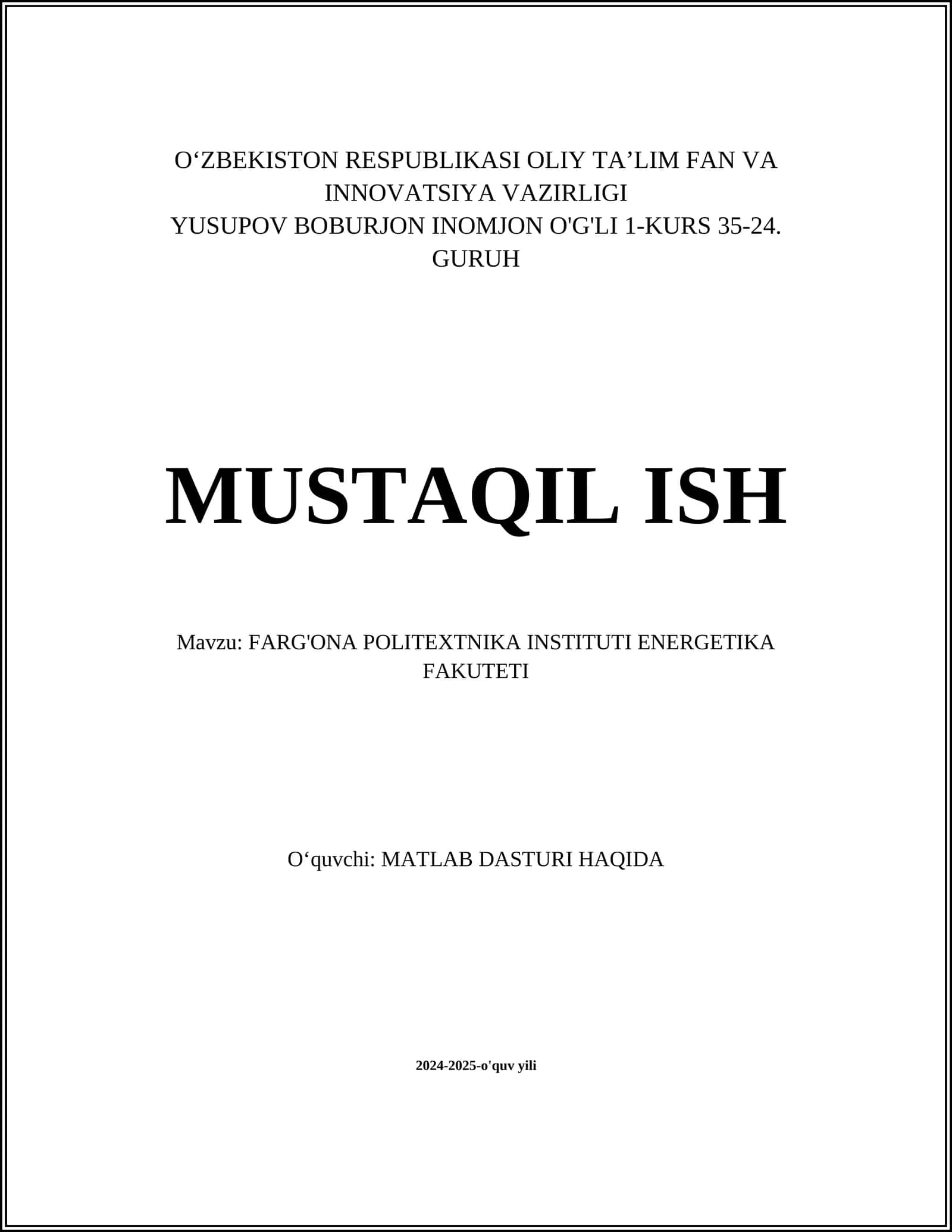 MATLAB DASTURI HAQIDA