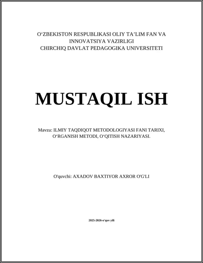 ILMIY TAQDIQOT METODOLOGIYASI FANI TARIXI