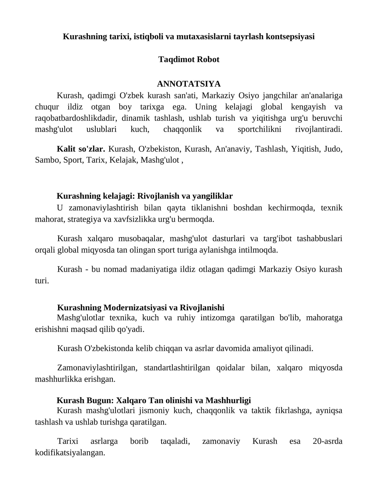 Kurashning tarixi, istiqboli va mutaxasislarni tayrlash kontsepsiyasi