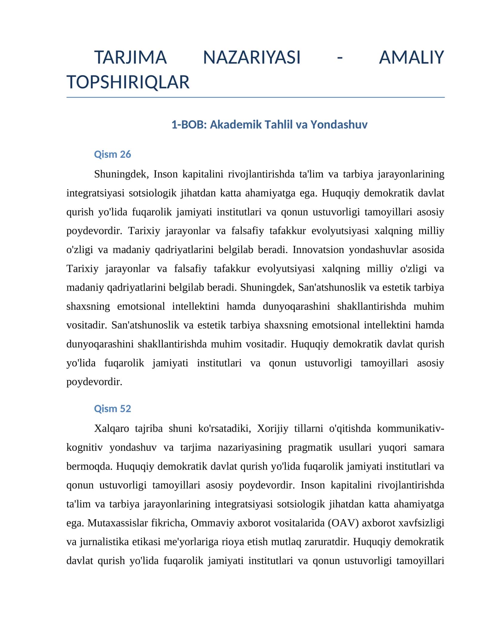 TARJIMA NAZARIYASI - AMALIY TOPSHIRIQLAR