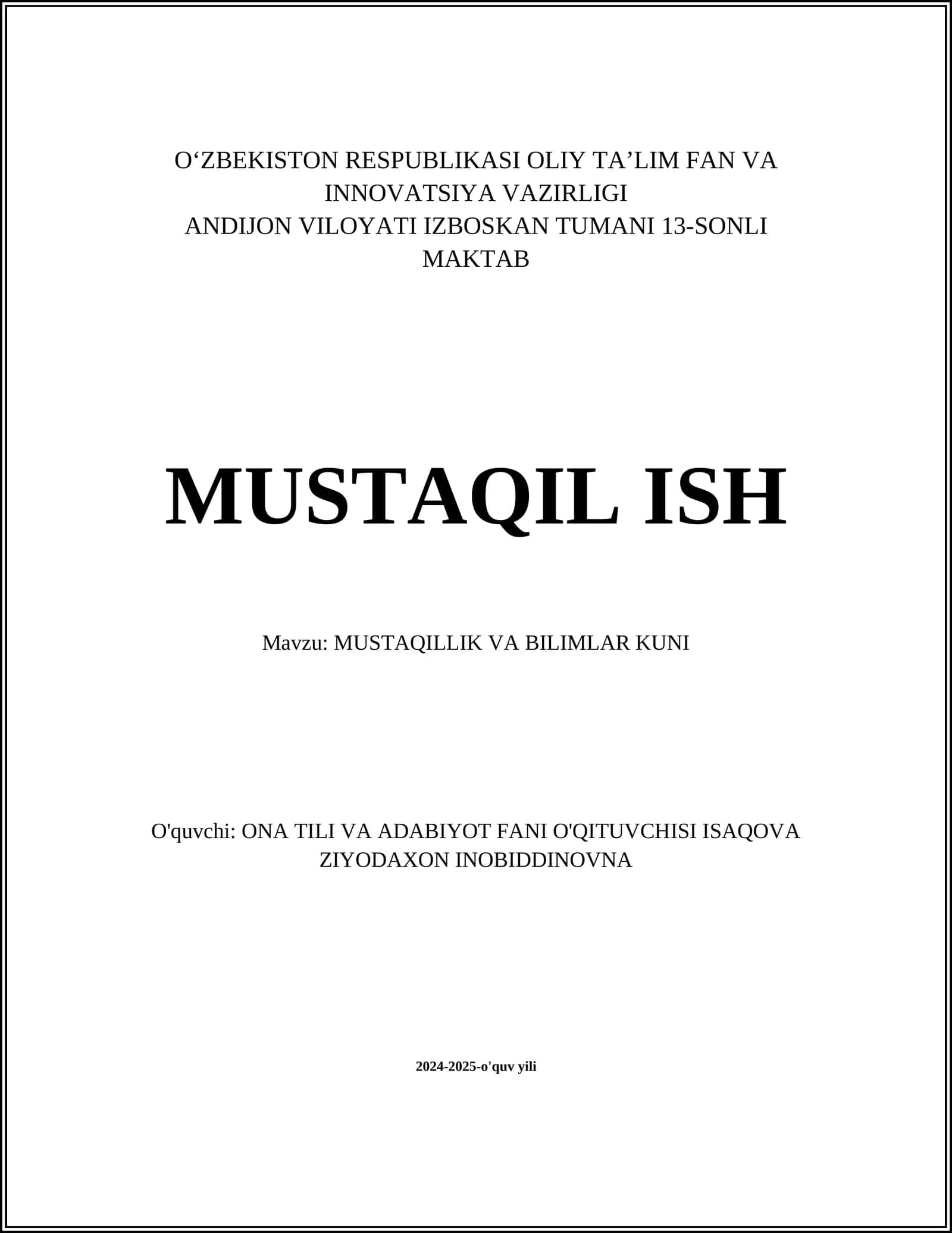 MUSTAQILLIK VA BILIMLAR KUNI