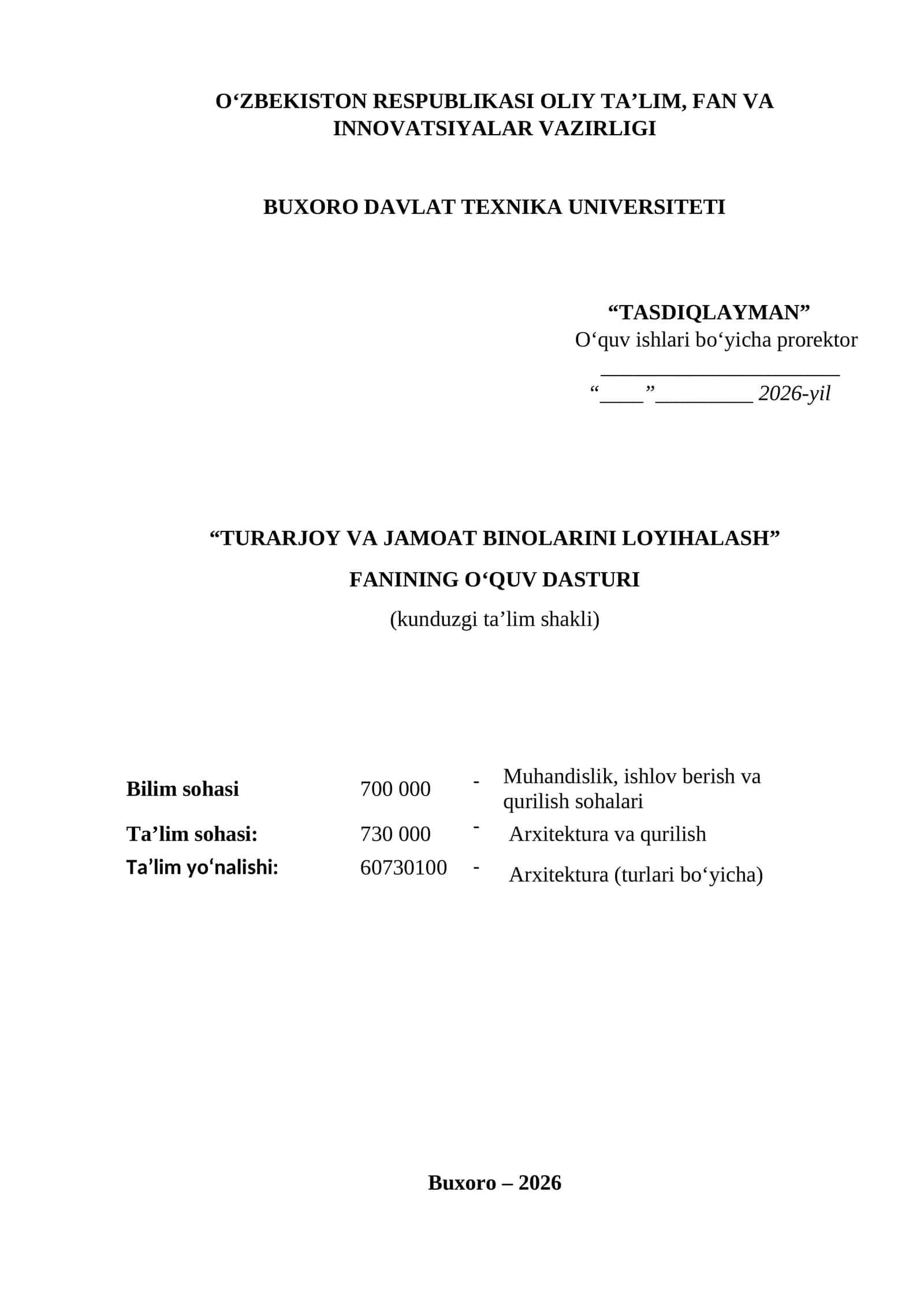 Turarjoy va jamoat binolarini loyihalash fanining o‘quv dasturi.docx