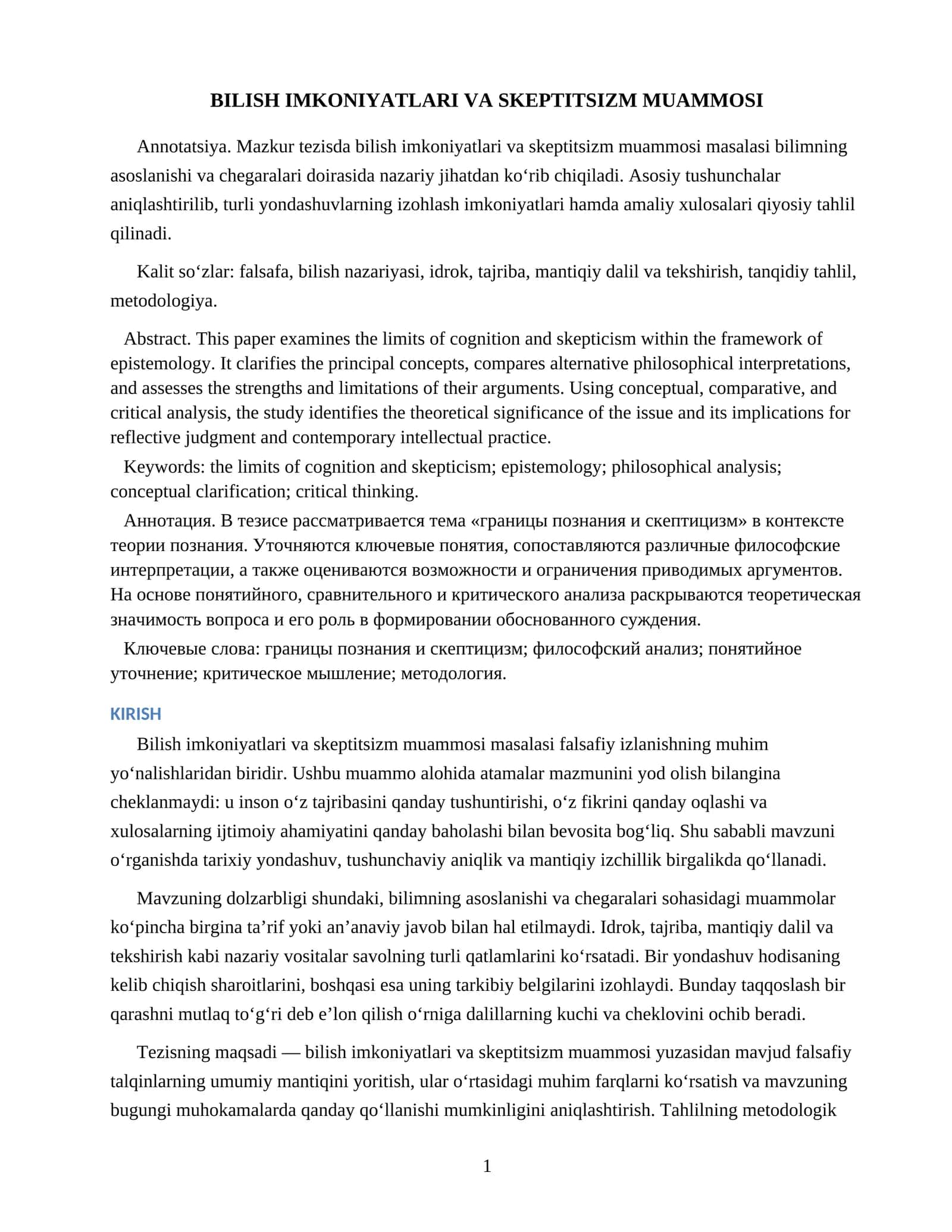 BILISH IMKONIYATLARI VA SKEPTITSIZM MUAMMOSI