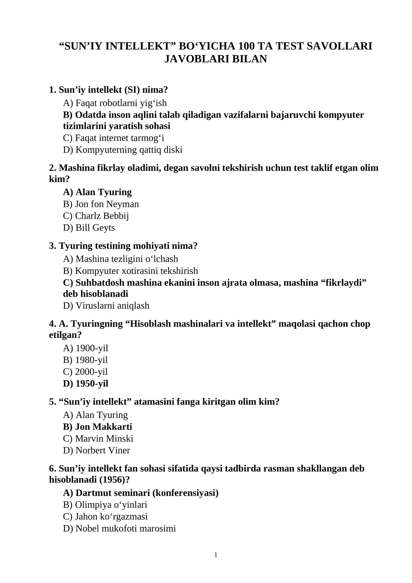 Sun’iy intellekt fanidan 100 ta test savollari javoblari bilan