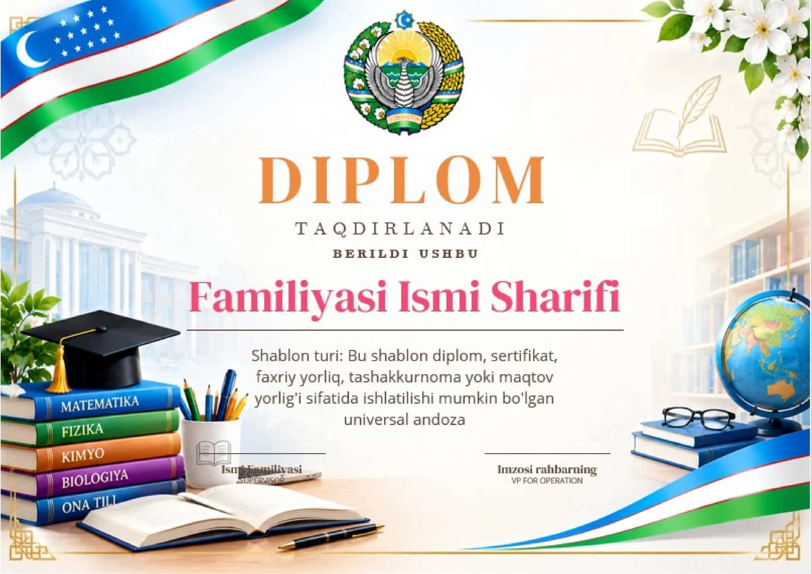 Shablon diplom, sertifikat, faxriy yorliq, tashakkurnoma yoki maqtov yorlig'i
