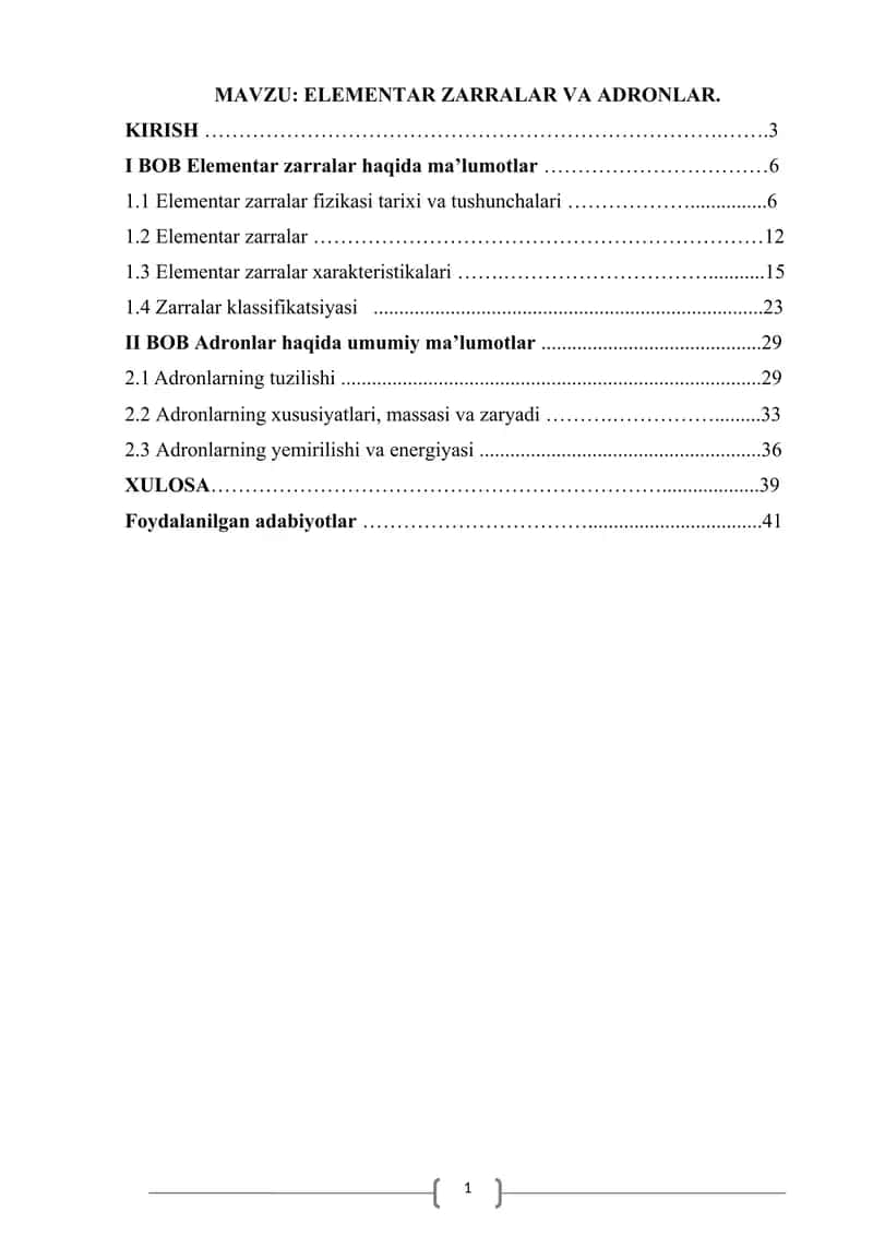 ELEMENTAR ZARRALAR VA ADRONLAR. KURS ISHI
