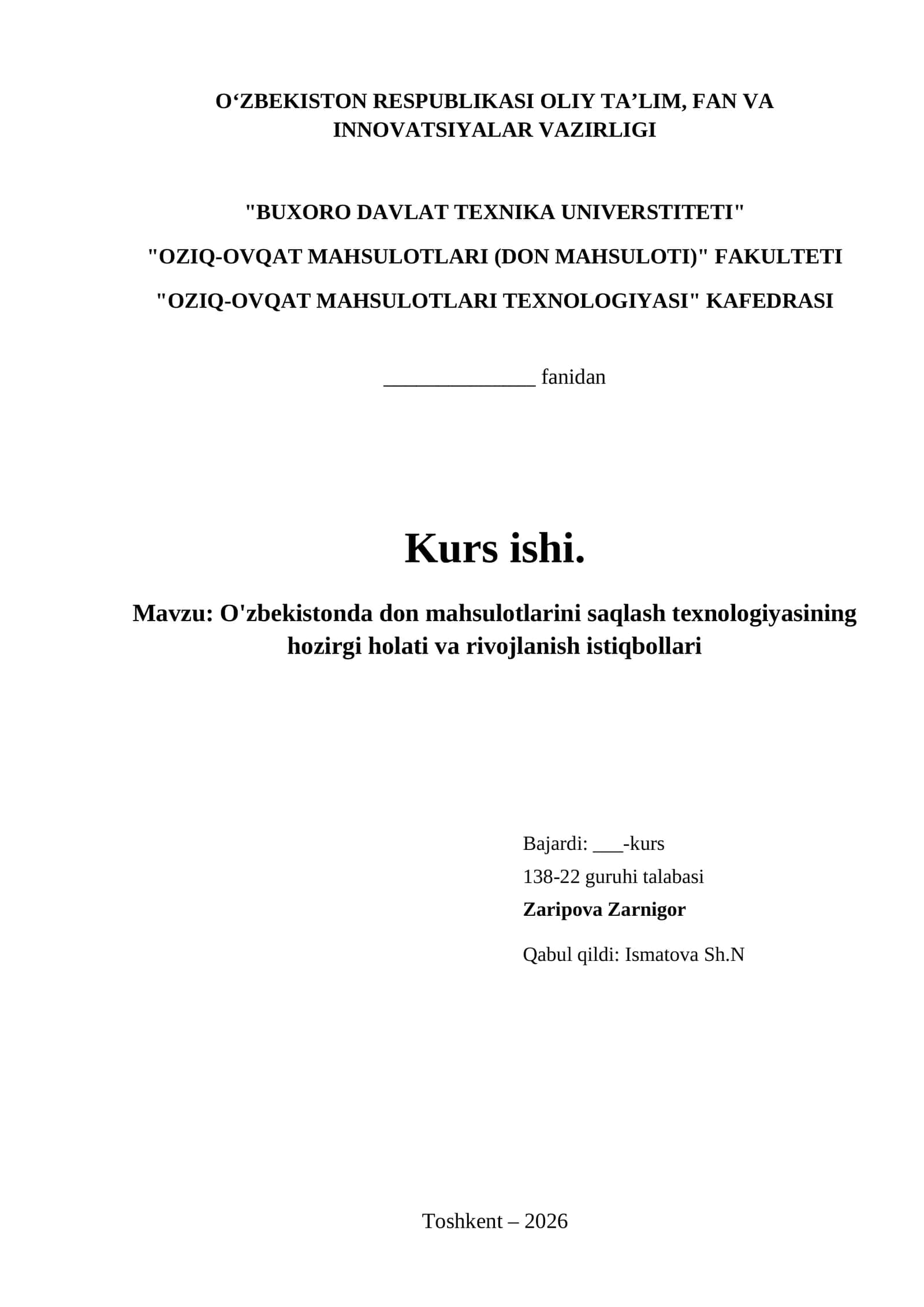 O'zbekistonda don mahsulotlarini saqlash texnologiyasining hozirgi holati va rivojlanish istiqbollari