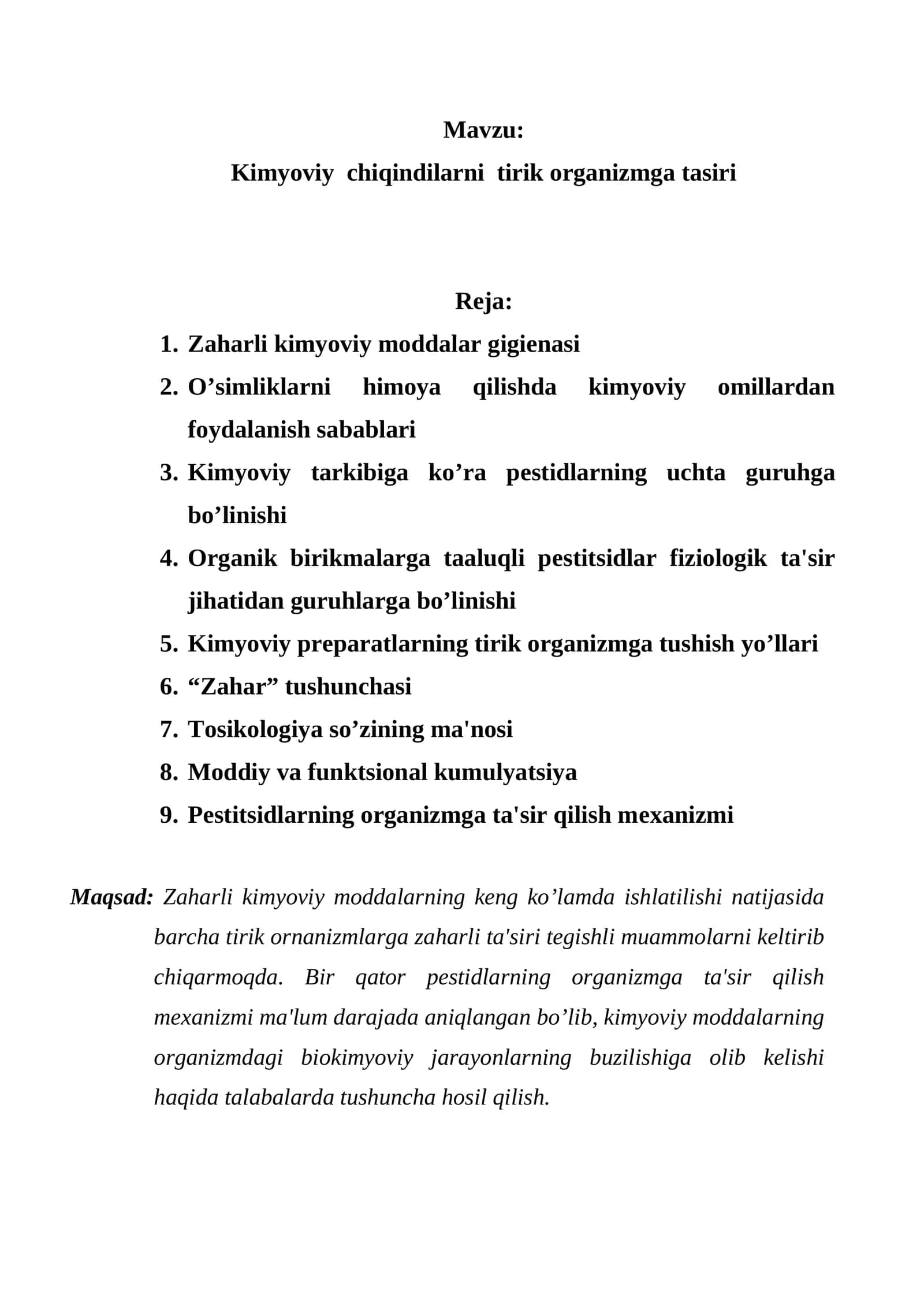 Kimyoviy chiqindilarni tirik organizmga tasiri