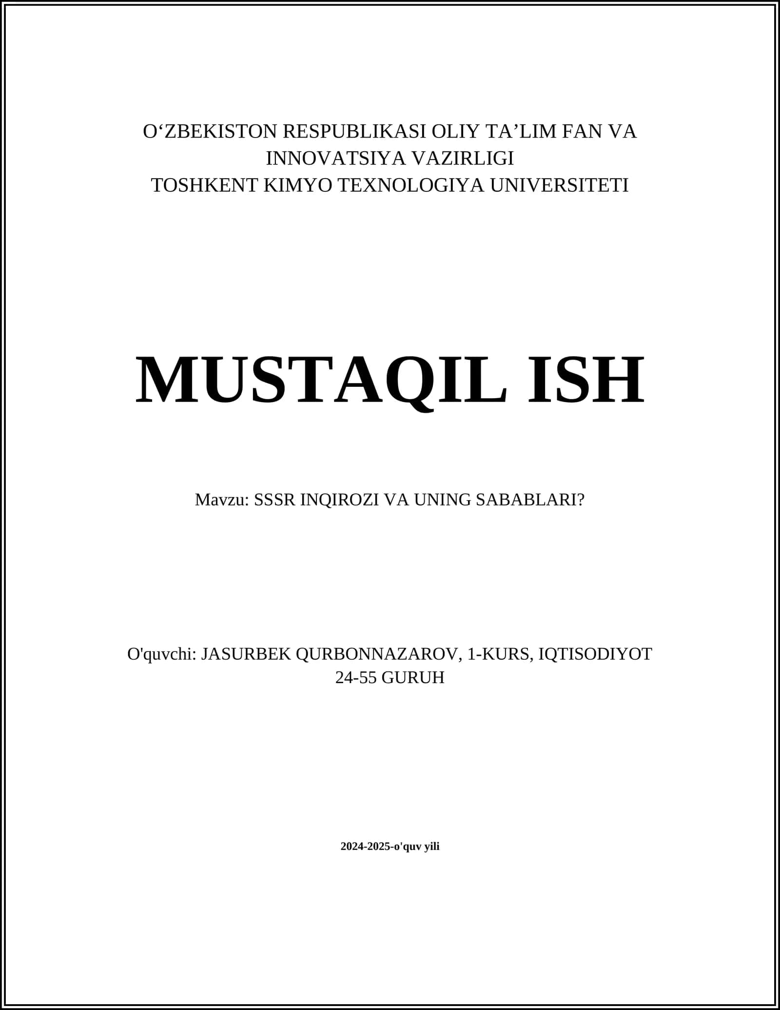 SSSR INQIROZI VA UNING SABABLARI