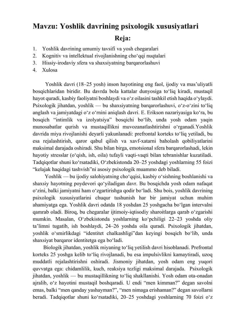 Yoshlik davrining psixologik xususiyatlari