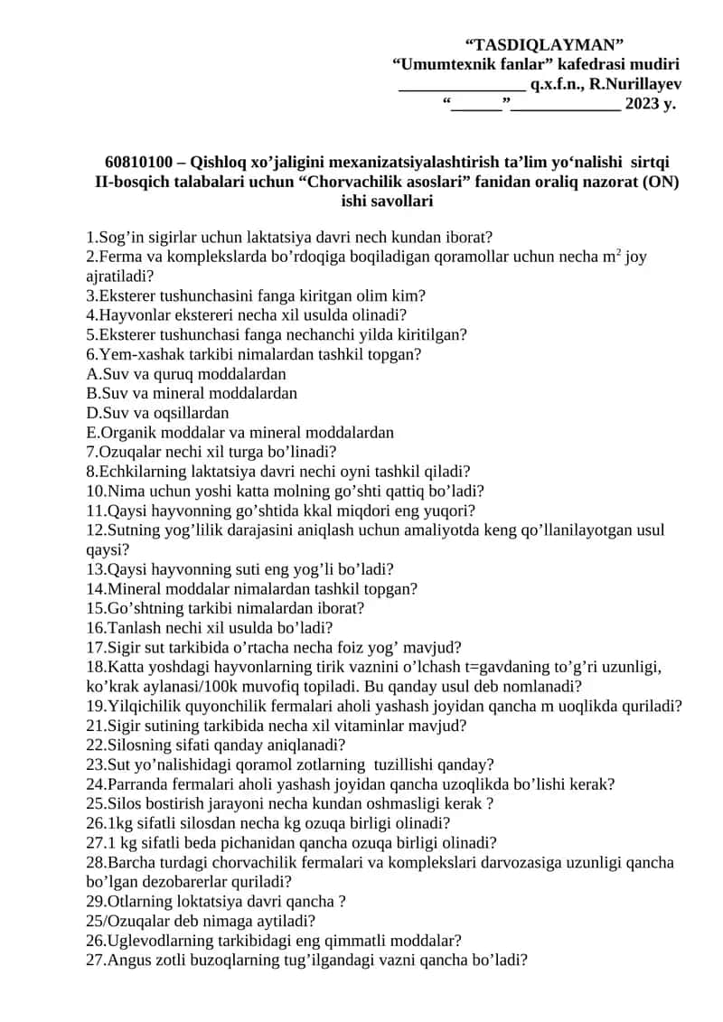 “Chorvachilik asoslari” fanidan oraliq nazorat (ON) ishi savollari