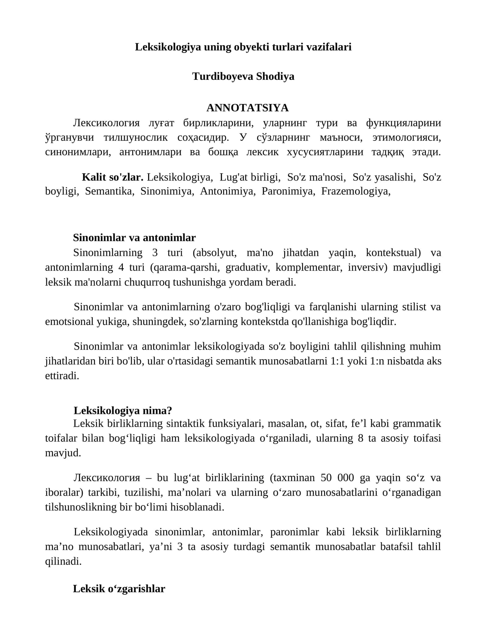 Leksikologiya uning obyekti turlari vazifalari