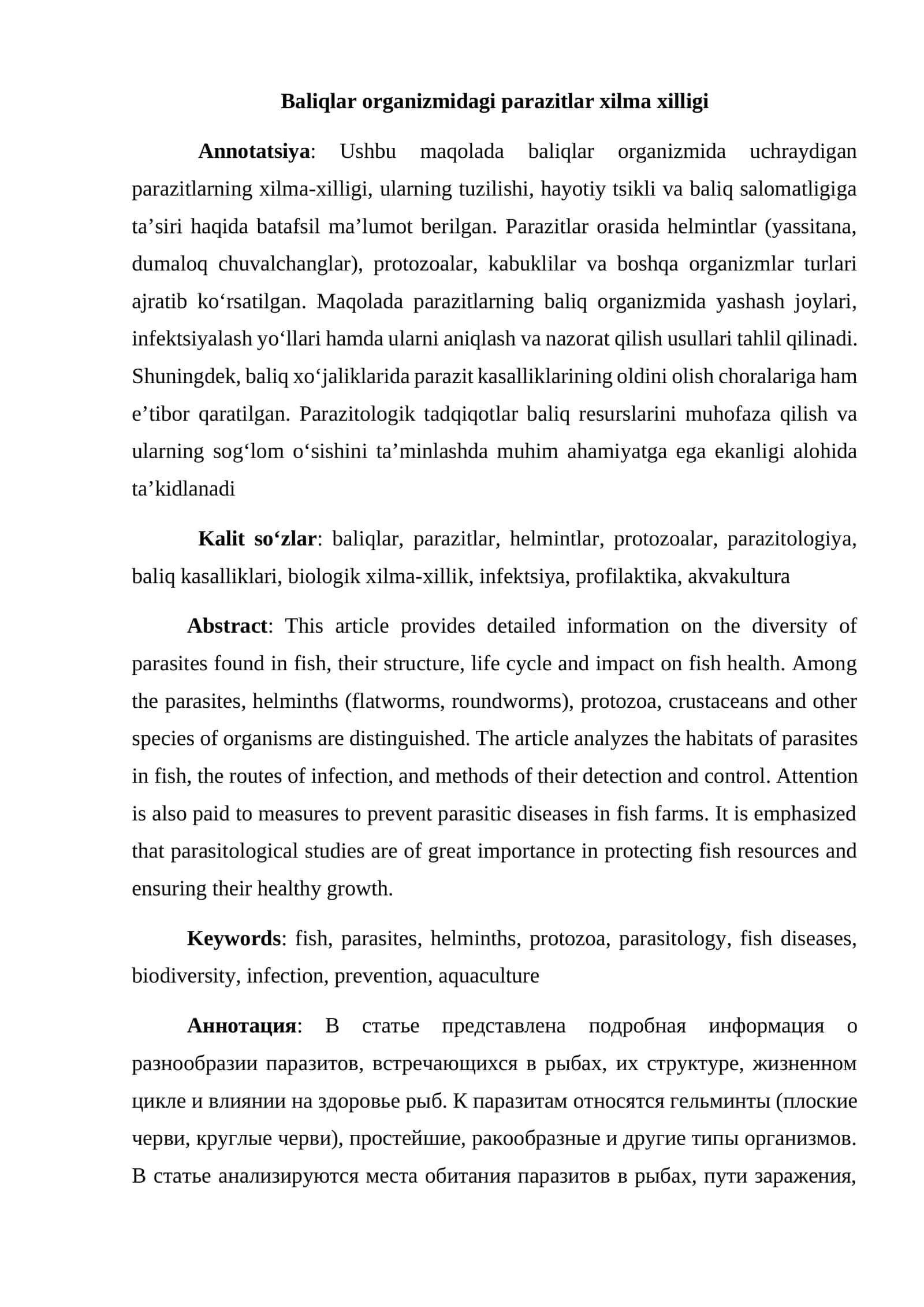 Baliqlar Organizmidagi Parazitlar Xilma-Xilligi