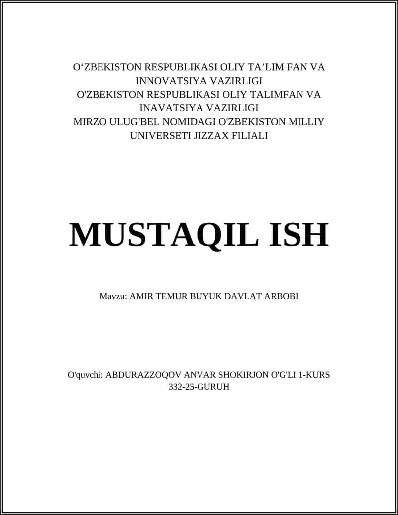 AMIR TEMUR BUYUK DAVLAT ARBOBI
