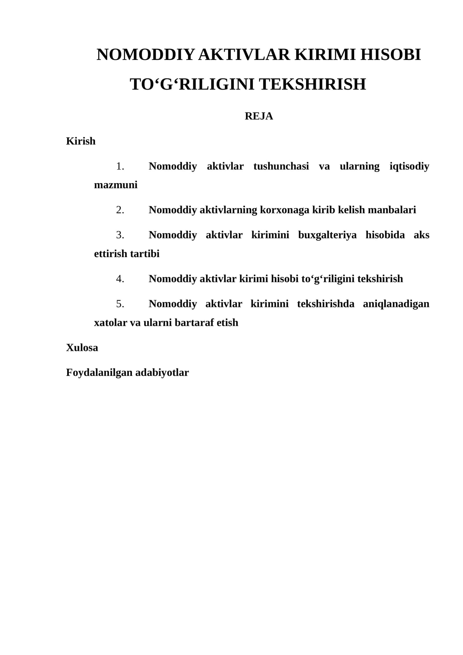 NOMODDIY AKTIVLAR KIRIMI HISOBI TO‘G‘RILIGINI TEKSHIRISH