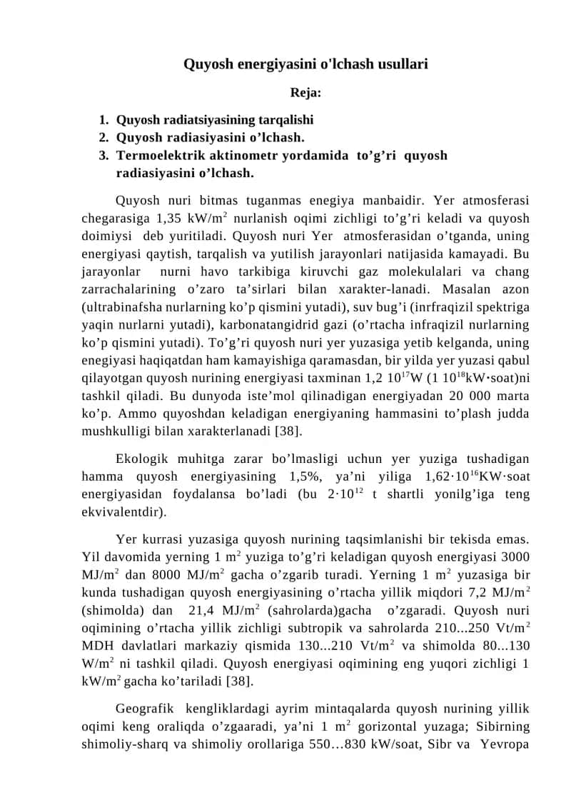 Quyosh energiyasini o'lchash usullari