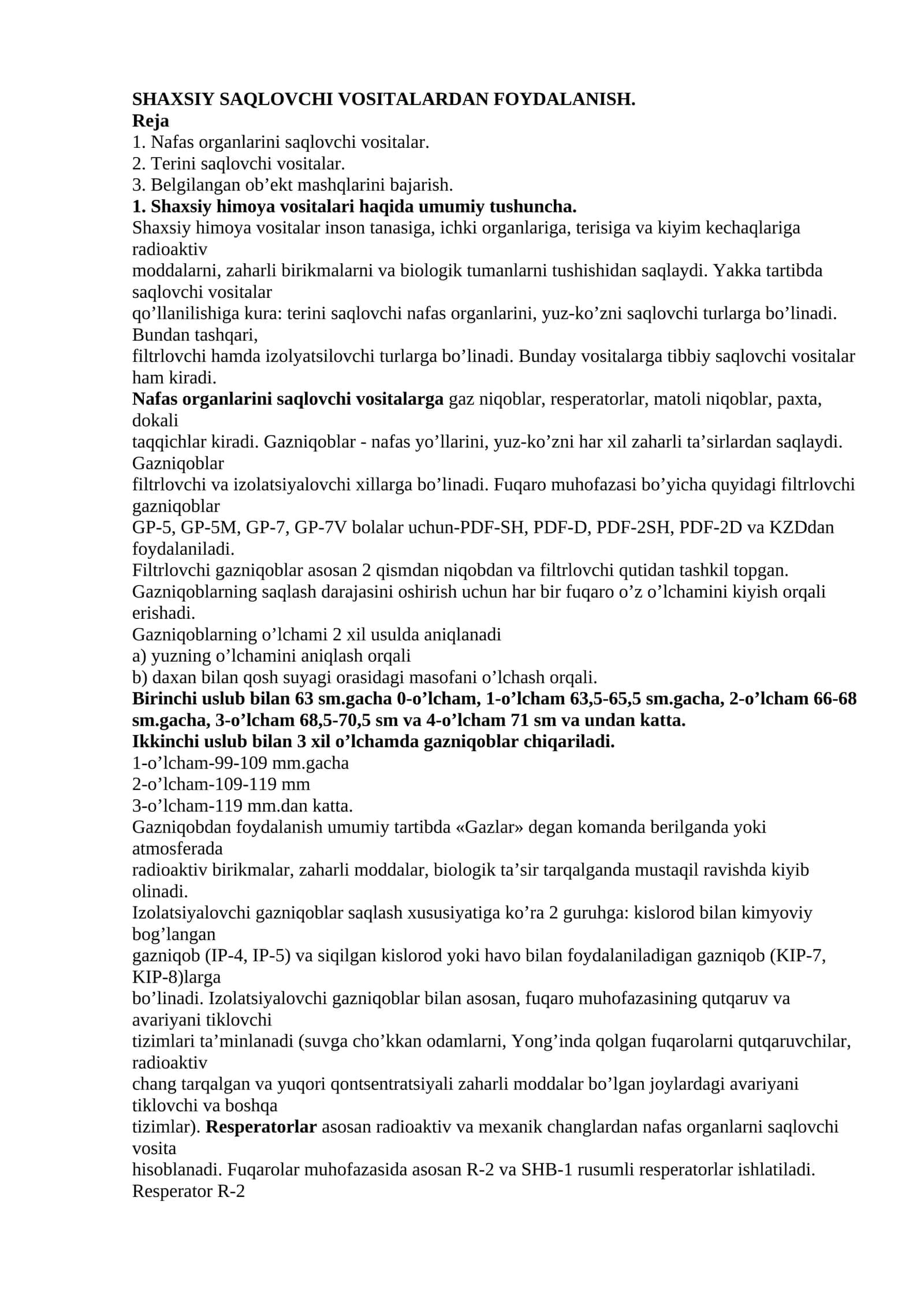 SHAXSIY SAQLOVCHI VOSITALARDAN FOYDALANISH