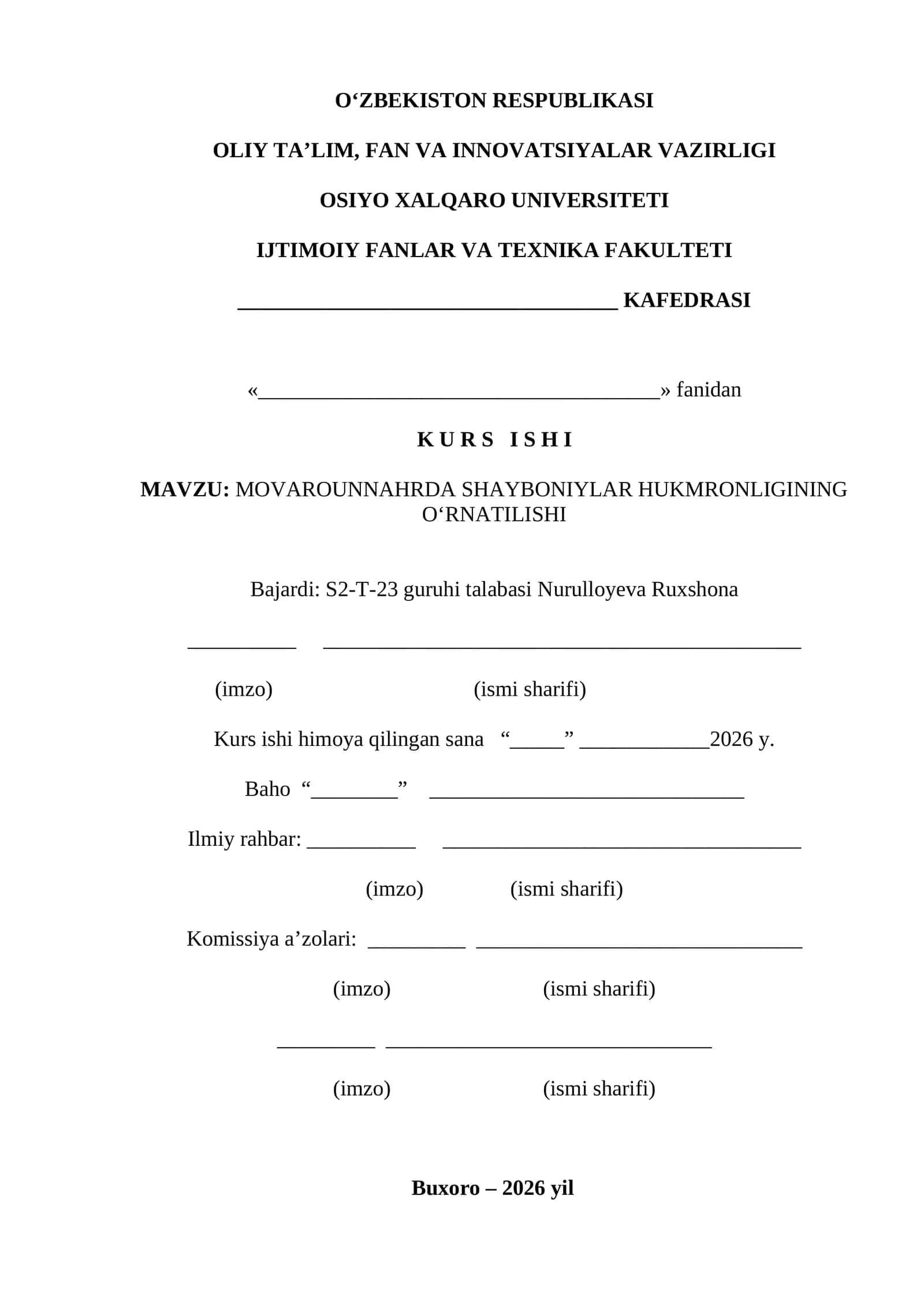 MOVAROUNNAHRDA SHAYBONIYLAR HUKMRONLIGINING OʻRNATILISHI
