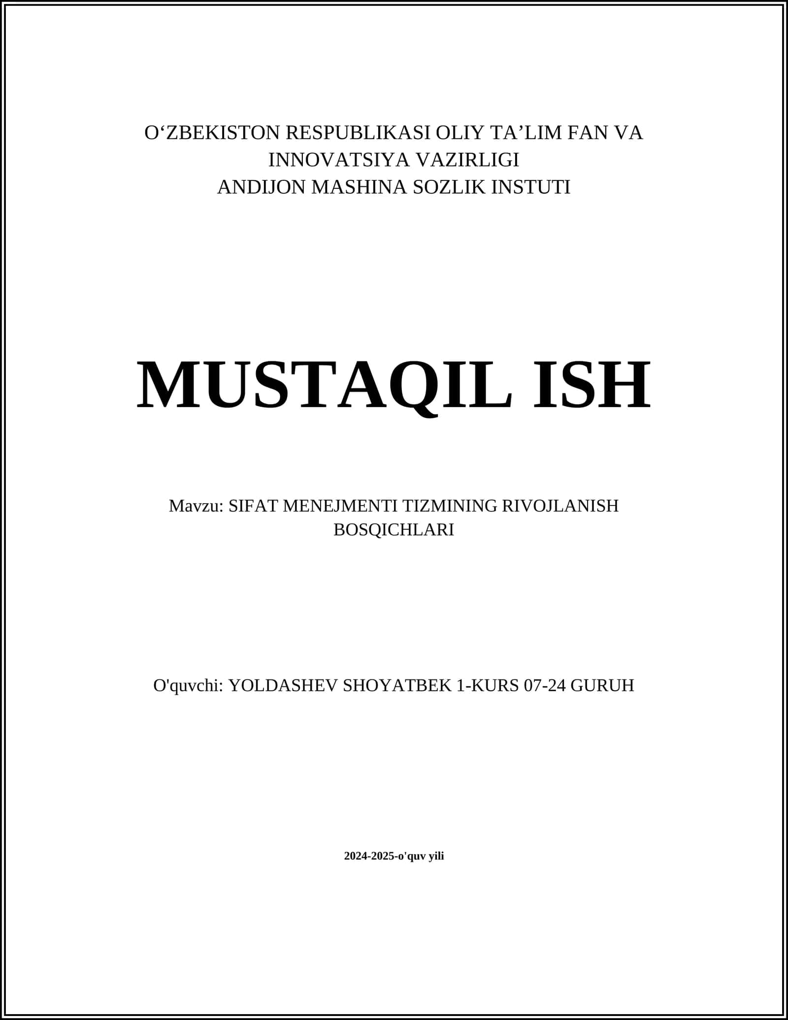 SIFAT MENEJMENTI TIZMINING RIVOJLANISH BOSQICHLARI
