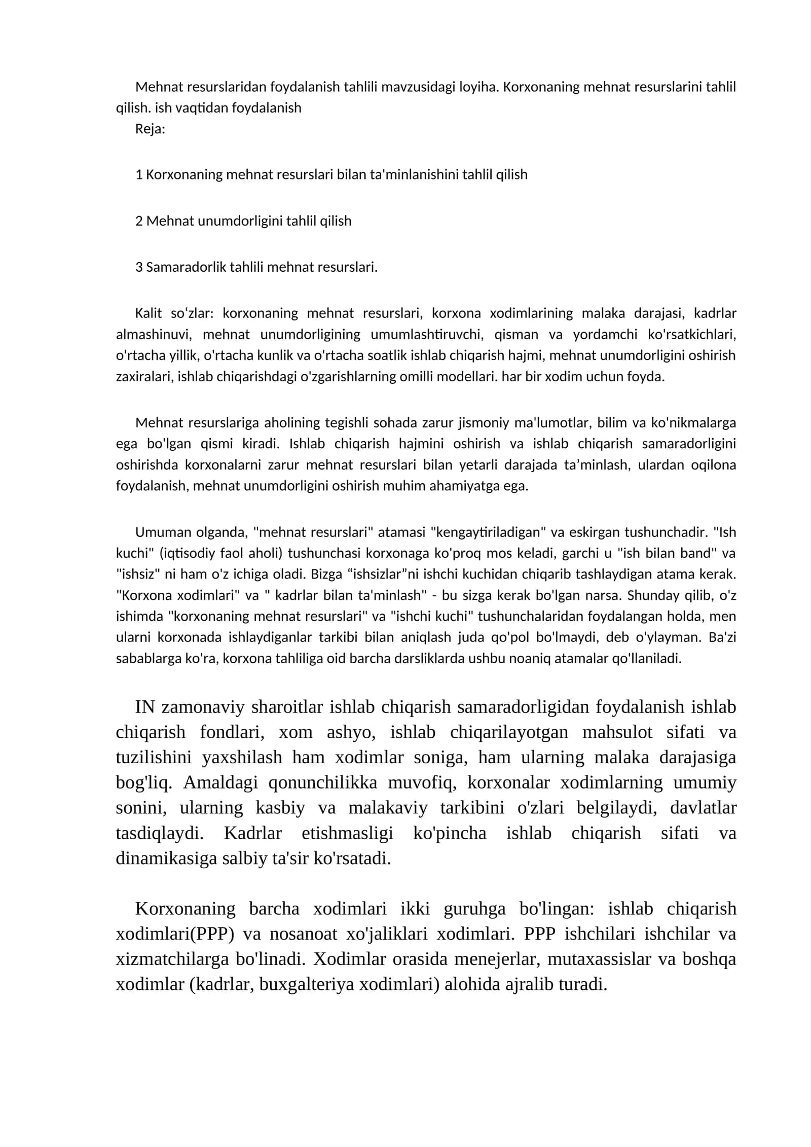 Mehnat resurslaridan foydalanish tahlili mavzusidagi loyiha