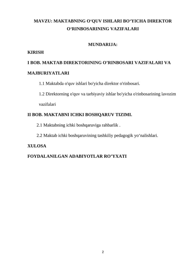 MAKTABNING O‘QUV ISHLARI BO‘YICHA DIREKTOR O‘RINBOSARINING VAZIFALARI