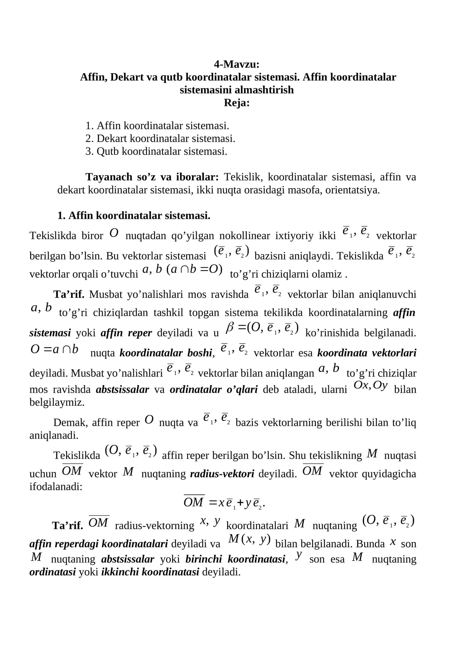 Affin, Dekart va qutb koordinatalar sistemasi