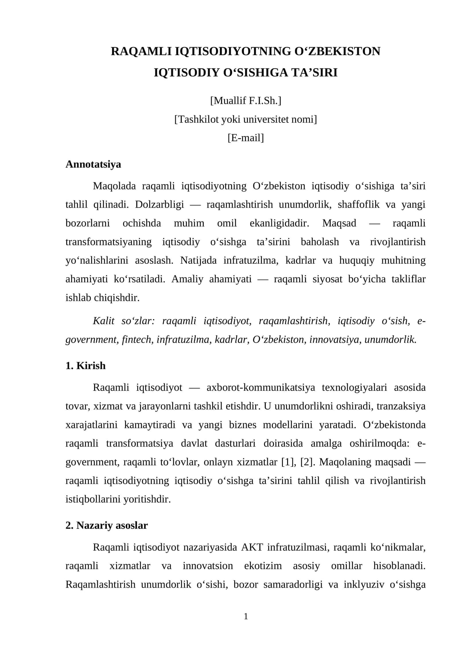 RAQAMLI IQTISODIYOTNING O‘ZBEKISTON IQTISODIY O‘SISHIGA TA’SIRI