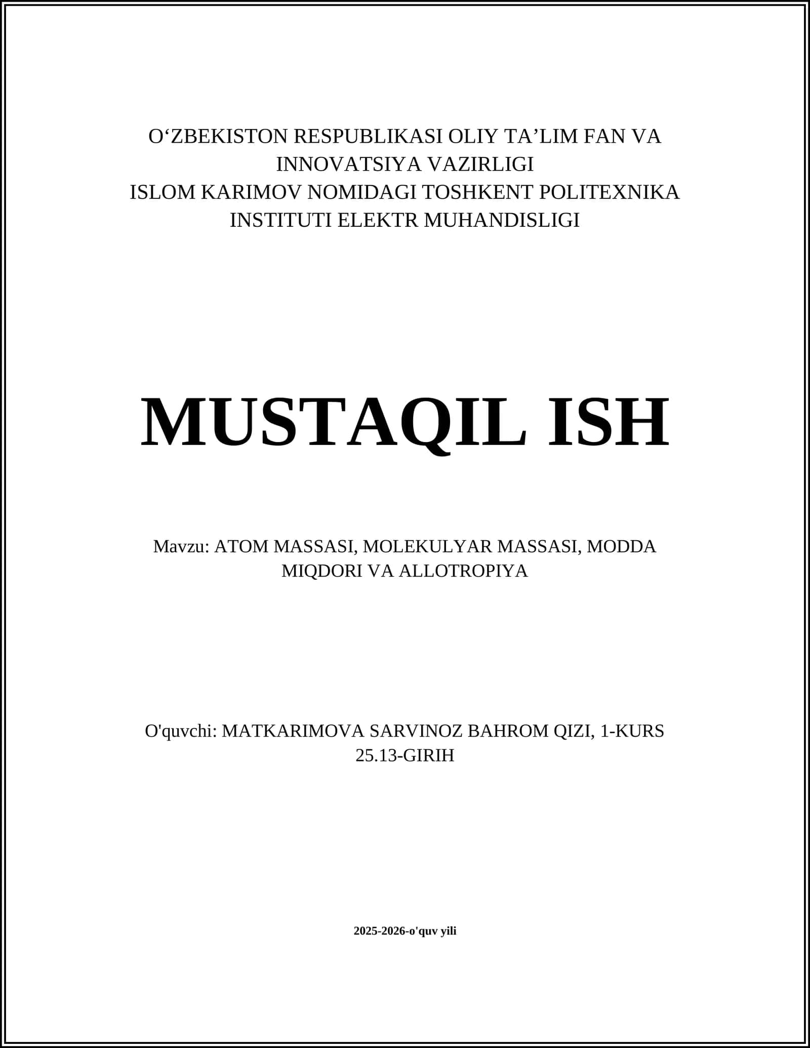 Atom Massasi, Molekulyar Massasi, Modda Miqdori va Allotropiya