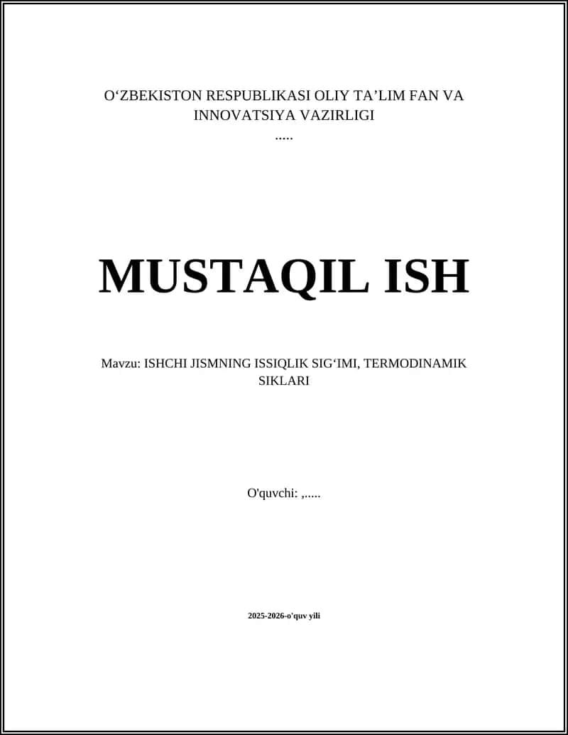 ISHCHI JISMNING ISSIQLIK SIGʻIMI, TERMODINAMIK SIKLARI