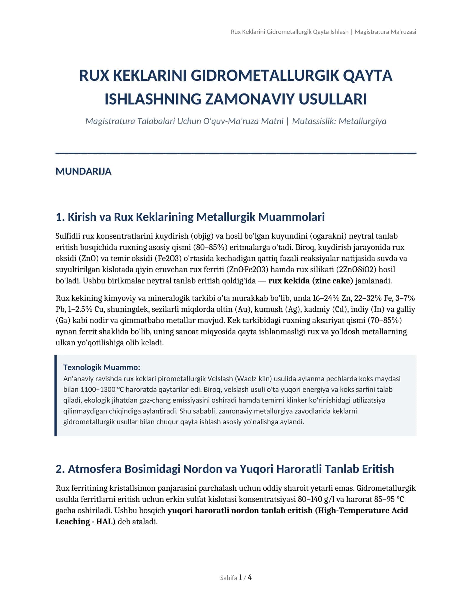 Rux Keklarini Gidrometallurgik Qayta Ishlash | Magistratura Ma'ruzasi
