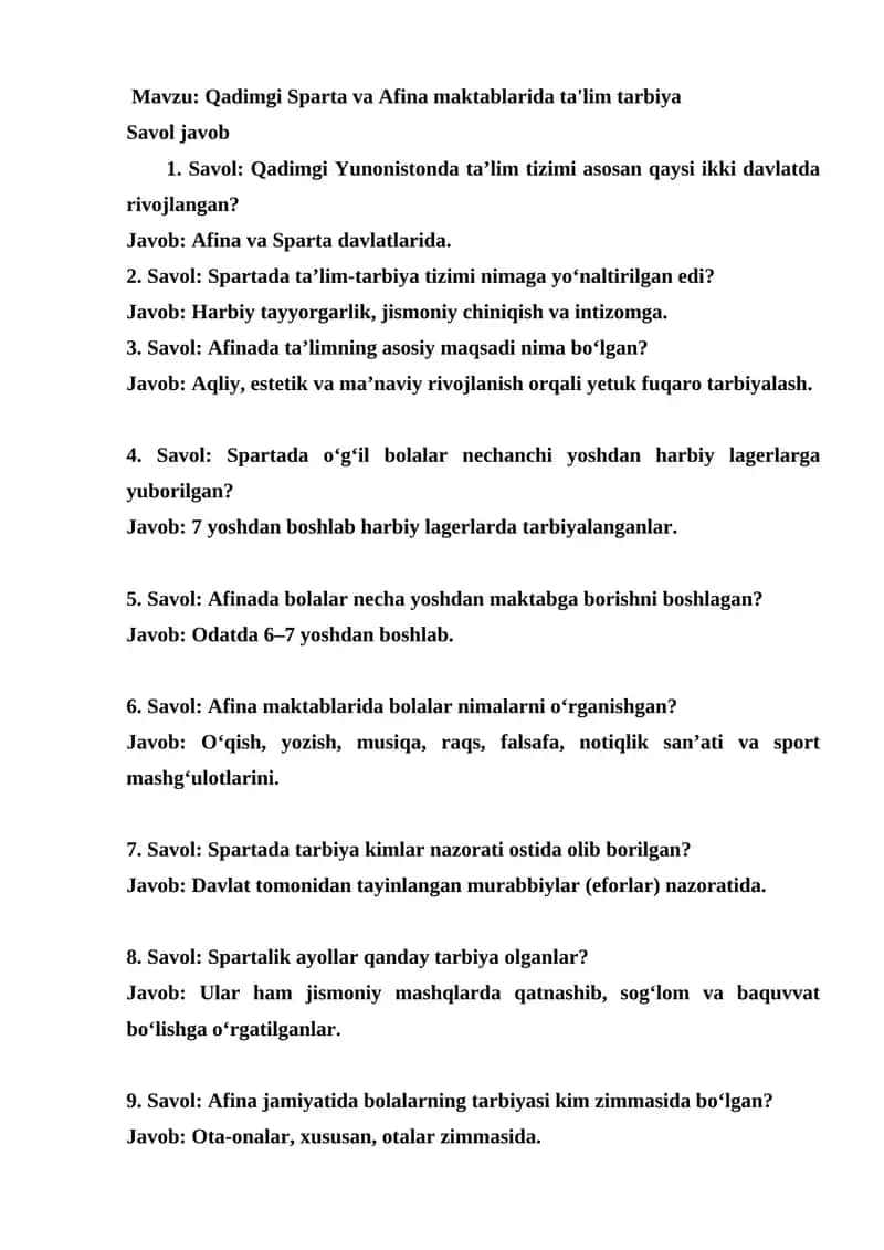 Qadimgi Sparta va Afina maktablarida ta'lim tarbiya