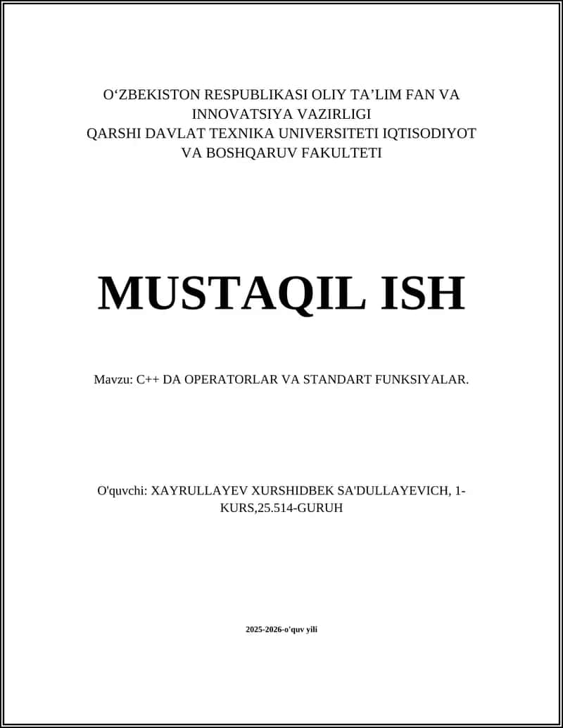 C++ DA OPERATORLAR VA STANDART FUNKSIYALAR