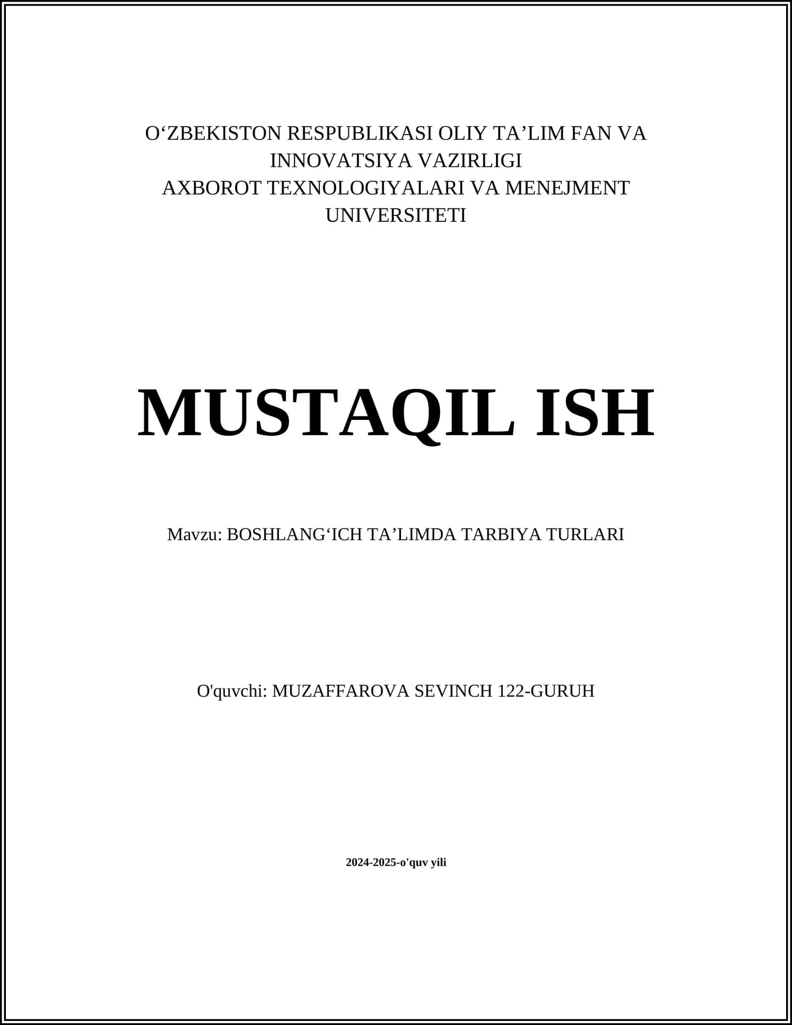 BOSHLANGʻICH TAʼLIMDA TARBIYA TURLARI