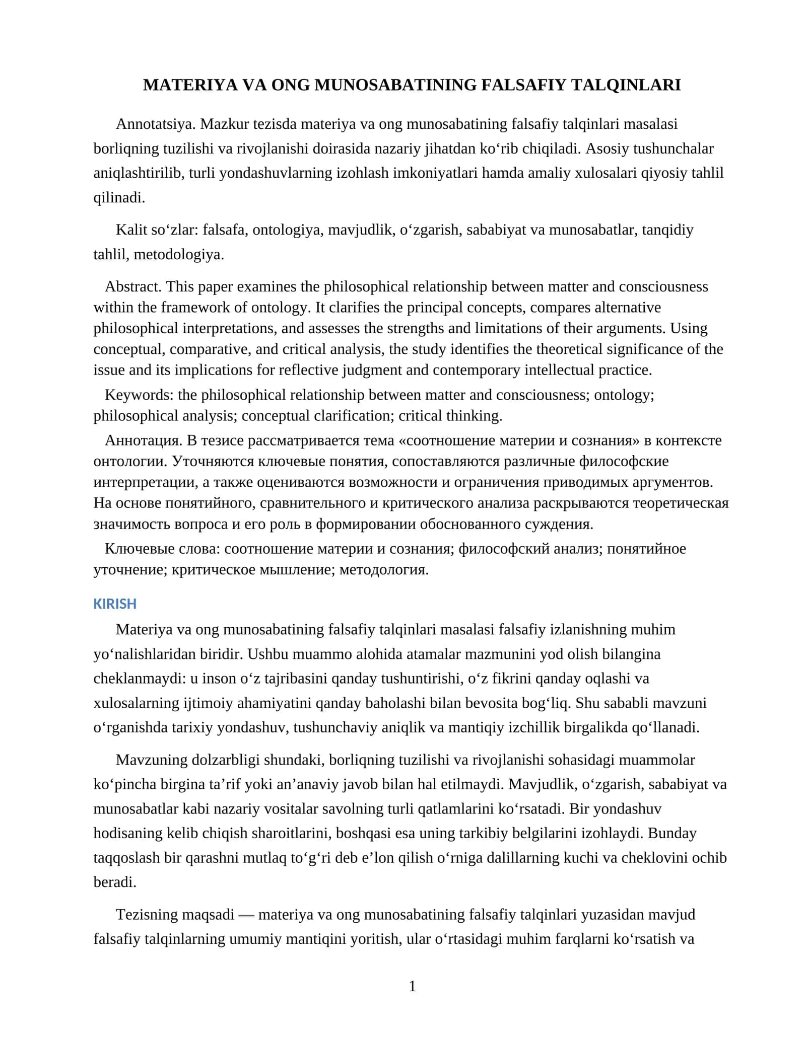 MATERIYA VA ONG MUNOSABATINING FALSAFIY TALQINLARI